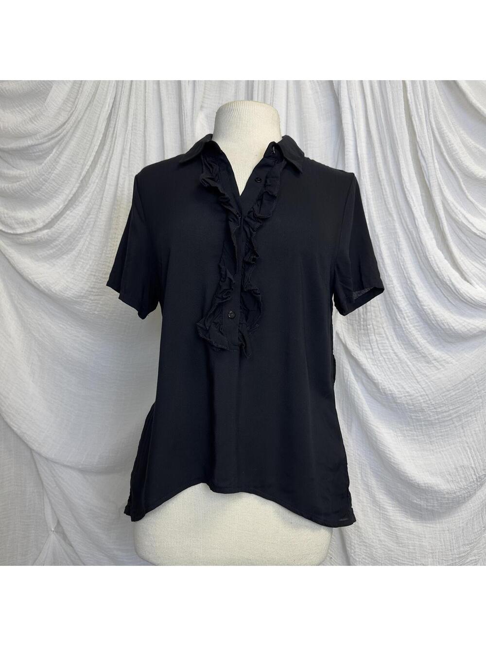 Y2k Preppy Whimsygoth Top Chic Black Ruffle Short Sleeve Button Up Top